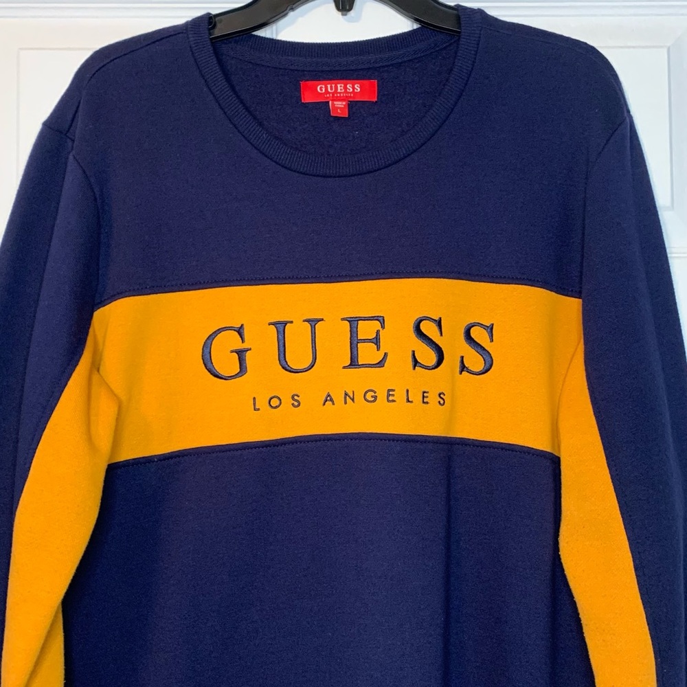 Comfortable Vintage Guess Navy Blue and Orange Los Angeles Crewneck Sweatshirt